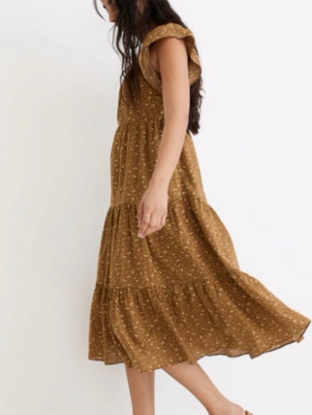 Madewell Ruffle-Sleeve Tiered Midi Dress in Daisy Stitch Weathered Olive M - Picture 2 of 5